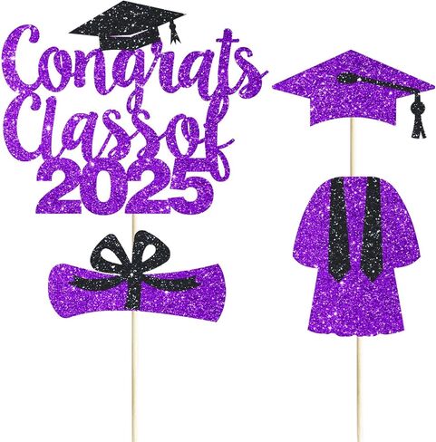 4 Pcs Congrats Class of 2025 Cake Topper Purple Glittery 2025 Graduation Party Cake Decorations High School/We are So Proud of You/Class of 2025 Party Cake Supplies in Kuwait
