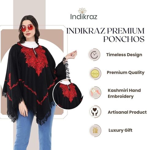 Premium Women's Kashmiri hand embroidery floral woollen poncho Indian cape wrap shrug Free size in Kuwait