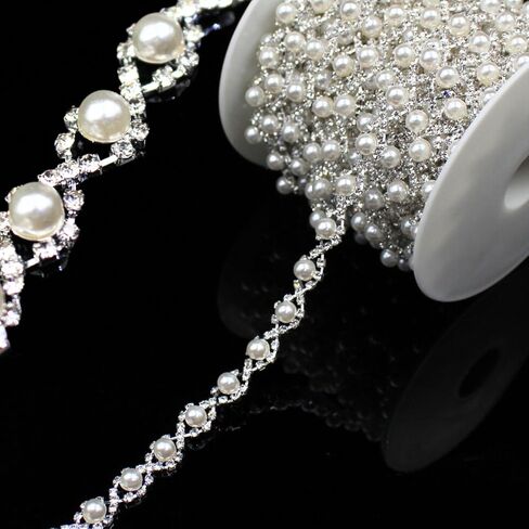 1 Yard Pearl Trim Chain String Silver Applique Fringe Ribbon Strips Beads Sewing Dress DIY Party Wedding Bouquet for Decoration Bridal Costume Embellishment in Kuwait