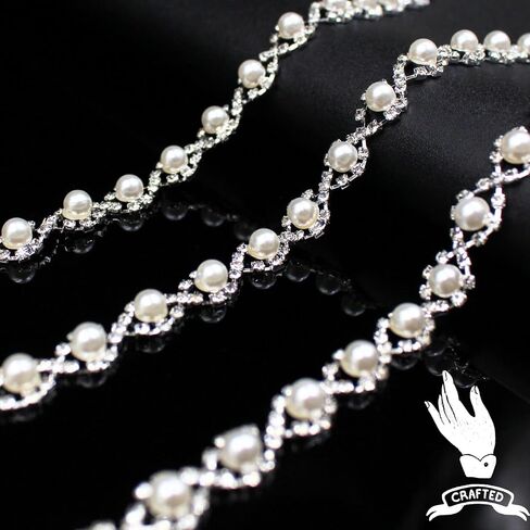 1 Yard Pearl Trim Chain String Silver Applique Fringe Ribbon Strips Beads Sewing Dress DIY Party Wedding Bouquet for Decoration Bridal Costume Embellishment in Kuwait