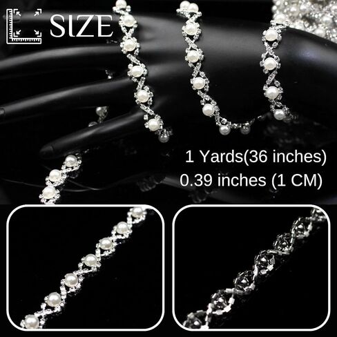 1 Yard Pearl Trim Chain String Silver Applique Fringe Ribbon Strips Beads Sewing Dress DIY Party Wedding Bouquet for Decoration Bridal Costume Embellishment in Kuwait