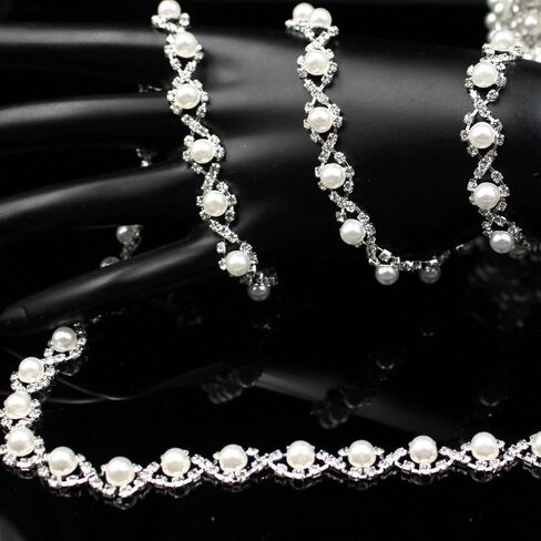 1 Yard Pearl Trim Chain String Silver Applique Fringe Ribbon Strips Beads Sewing Dress DIY Party Wedding Bouquet for Decoration Bridal Costume Embellishment in Kuwait