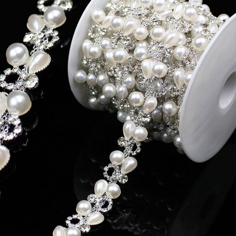 1 Yard Pearl Trim Chain String Silver Applique Fringe Ribbon Strips Beads Sewing Dress DIY Party Wedding Bouquet for Decoration Bridal Costume Embellishment in Kuwait