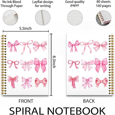 Coquette Pink Bow Notebook, Girly Preppy Bow Journal, Aesthetic Journal Notebook for Women, Coquette Girly Office Supplies, Pink Hardcover Spiral Notebooks, 5.5x8.3 Inch in Saudi Arabia