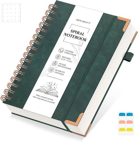 Spiral Dotted Notebook, Spiral Journals, 5.7" x 8.3", 320 Pages Hardcover Leather Notebook Journal for Women Men, A5 Dot Grid Notebook for Work School, 30pcs Index Tabs, Green in Saudi Arabia