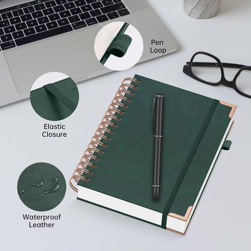 Spiral Dotted Notebook, Spiral Journals, 5.7" x 8.3", 320 Pages Hardcover Leather Notebook Journal for Women Men, A5 Dot Grid Notebook for Work School, 30pcs Index Tabs, Green in Saudi Arabia
