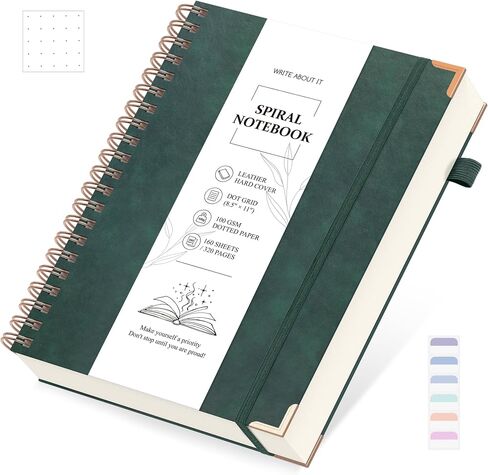 Spiral Dotted Notebook, Spiral Journals, 5.7" x 8.3", 320 Pages Hardcover Leather Notebook Journal for Women Men, A5 Dot Grid Notebook for Work School, 30pcs Index Tabs, Green in Saudi Arabia