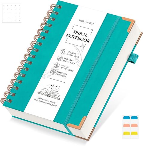 Spiral Dotted Notebook, Spiral Journals, 5.7" x 8.3", 320 Pages Hardcover Leather Notebook Journal for Women Men, A5 Dot Grid Notebook for Work School, 30pcs Index Tabs, Green in Saudi Arabia
