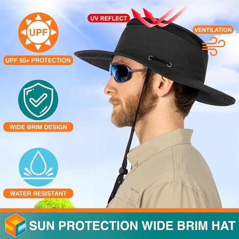 SUN CUBE Wide Brim Sun Hat for Men Women UPF 50+ UV Protection Safari Boonie Hat with Chin Strap, Pocket, Fishing Hiking Hat in Saudi Arabia