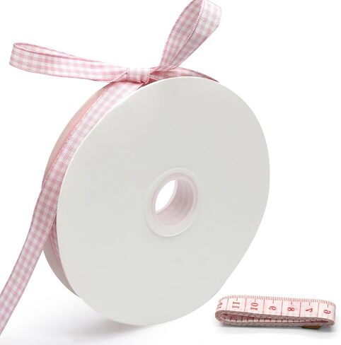 Classic Light Pink and White Gingham Ribbon - 3/8" x 50 Yards + 60" Tape Measurement - Ideal for Hair Accessories, Picnic Decor, and Birthday Gift Wrapping in Kuwait