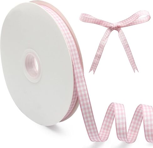 Classic Light Pink and White Gingham Ribbon - 3/8" x 50 Yards + 60" Tape Measurement - Ideal for Hair Accessories, Picnic Decor, and Birthday Gift Wrapping in Kuwait