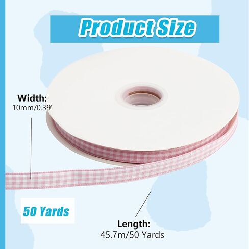 Classic Light Pink and White Gingham Ribbon - 3/8" x 50 Yards + 60" Tape Measurement - Ideal for Hair Accessories, Picnic Decor, and Birthday Gift Wrapping in Kuwait