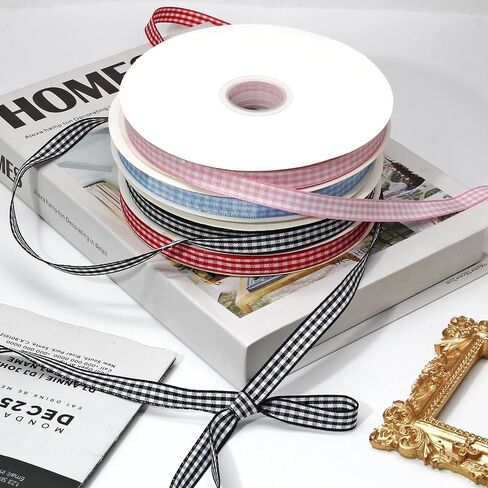 Classic Light Pink and White Gingham Ribbon - 3/8" x 50 Yards + 60" Tape Measurement - Ideal for Hair Accessories, Picnic Decor, and Birthday Gift Wrapping in Kuwait