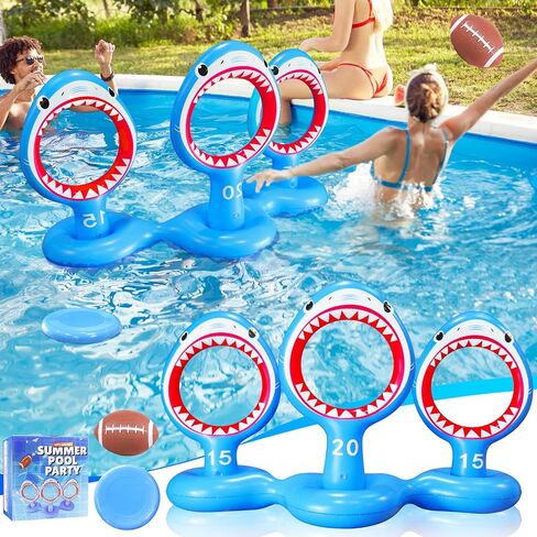 Inflatable Shark Pool Cornhole Board Games,Summer Floating Swimming Pool Ring Toss Toys for Kids Adults Family with 3 Bean Bags in Kuwait