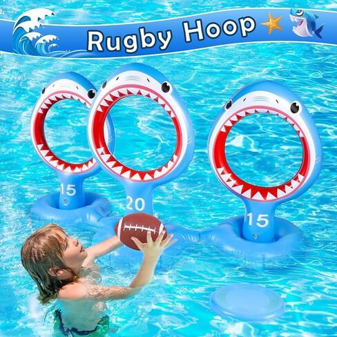 Inflatable Shark Pool Cornhole Board Games,Summer Floating Swimming Pool Ring Toss Toys for Kids Adults Family with 3 Bean Bags in Kuwait