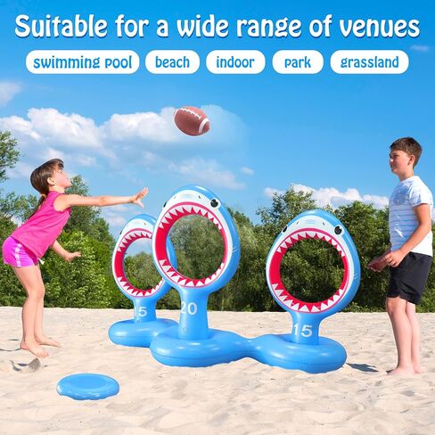 Inflatable Shark Pool Cornhole Board Games,Summer Floating Swimming Pool Ring Toss Toys for Kids Adults Family with 3 Bean Bags in Kuwait