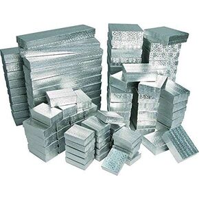 100 صندوق هدايا عرض مجوهرات مملوء بالقطن الفضي 3 × 3