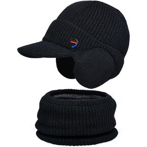 Mens Winter Beanie Visor Hat with Earflaps Warm Fleece Lining Hat Scarf Set for Men Women Outdoor