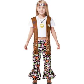 Toddler Girls Hippie Costume Set for Girls 70s Bell Bottoms Hippie Party Accessories for Halloween Cosplay Party