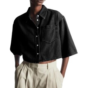 Tankaneo Womens Crop Denim Shirt Half Sleeve Button Down Short Jean Jacket with Pocket