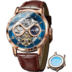 OLEVS Skeleton Watches for Mens Automatic Mechanical Self Winding Tourbillon Leather Strap Luxury Dress Moon Phase Wrist Watches Waterproof Luminous