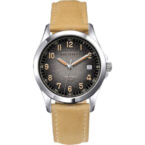 BERNY Easy Reader Automatic Watch for Men Seagull ST2130 Mechanical Wristwatches Leather Strap Luminous Waterproof 10ATM Sapphire Glass Scratch Resistant Mens Watches