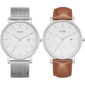 BUREI Men's Fashion Minimalist Wrist Watch Analog Date with Stainless Steel Mesh Band/Leather Strap Silver and Silver Brown Watch Combination