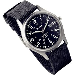 Lancardo Simplicity Analog Quartz Watch with Woven Nylon Band Luminous Hand Military Time 24H (Black) for Valentine's Day