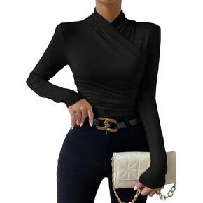 MakeMeChic Women's Casual Mock Neck Long Sleeve Wrap Ruched Slim Fit Tee Shirt Tops