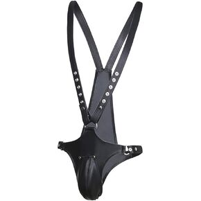 Men's Sexy Leather Panties G-String Jockstrap Briefs Open Front Hole Chastity Devices Bikini Strap On Underwear Thongs Bib Black