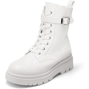 DREAM PAIRS Women's Sdab2209w-n Chelsea Platform Combat Boots Lace Up Lug Sole Buckle Ankle Booties Shoes, Size 6, White