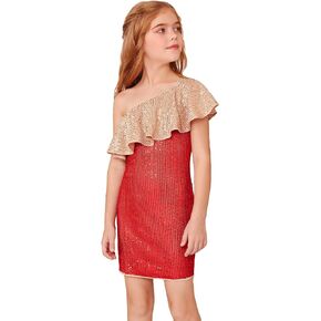 WDIRARA Girl's One Shoulder Ruffle Trim Sequin Sparkly Bodycon Birthday Party Mini Dress