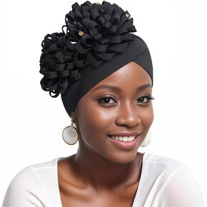 African Flower Headwrap Black Pre-Tied Headwraps Floral Elastic Party Prom Turban Beanie Caps for Women in Kuwait