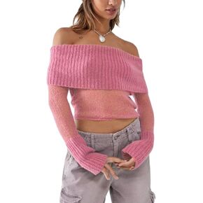 Women Sexy Off-Shoulder Cropped Top Square Neck Cutout Long Sleeve Fall Sweater Y2k Going Out Blouse Ribbed Tops