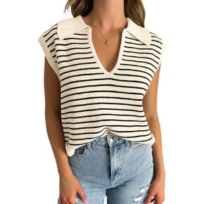 Yousify Summer Sweaters for Women 2024 Lapel Collar Cap Sleeve Tops Sleeveless Spring Clothes S-2XL in Kuwait