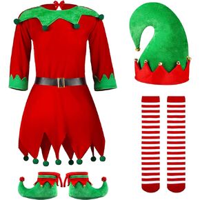 Syhood 4Pcs Women Christmas Elf Costume Santa's Helper Costume Elf Outfit Dress with Elf Hat Shoes Belt Striped Stocking