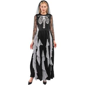 EraSpooky Women Skeleton Zombie Bride Costumes Halloween Cosplay Fancy Party Dress with Hair Band