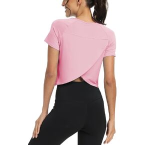 Mippo Short Sleeve Workout Top Gym Shirts Athletic Crop Top Cute Split Back Hiking Clothes for Women Pink M