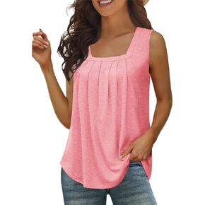 YuYukan Women's Summer Casual Square Neck Tank Tops Wide Strap Sleeveless Top Flowy Pleated Going Out Cami Tops