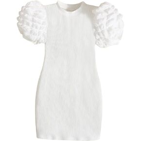 WDIRARA Toddler Girl's Mock Neck Puff Short Sleeve Ribbed Knit Bodycon Pencil Dress
