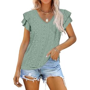 Kikula Women's Tops Summer Ruffle Sleeve Tops V Neck Eyelet Tshirts Hollow Casual Blouse