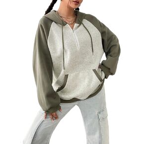 SweatyRocks Women's Color Block Long Raglan Sleeve Half Zip Hoodie Oversized Drawstring Sweatshirt with Pockets