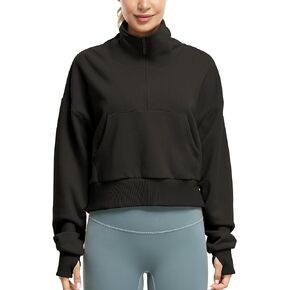 icyzone Women's Fleece Lined Half Zip Sweatshirt, Oversized Cropped Pullover with kangroo Pocket & Thumb Holes