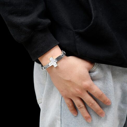 FIGEDY Stainless Steel Cross Bracelet for Men and Women - Large Cross Stylish and Durable Cross Link Stainless Steel Bracelet Gold and Gunmetal Grey - Silver in Saudi Arabia