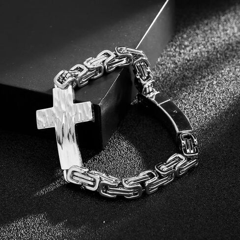 FIGEDY Stainless Steel Cross Bracelet for Men and Women - Large Cross Stylish and Durable Cross Link Stainless Steel Bracelet Gold and Gunmetal Grey - Silver in Saudi Arabia