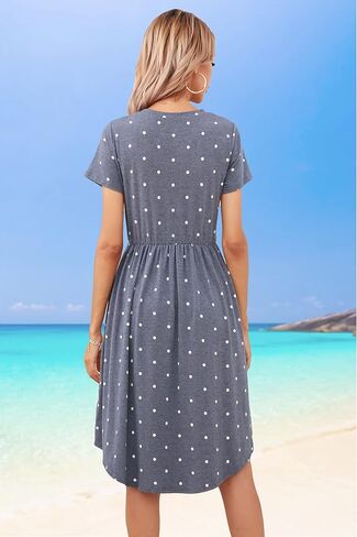 LAINAB Womens Short Sleeve Pocket Floral Print Patchwork Casual Swing Midi Dress in Kuwait