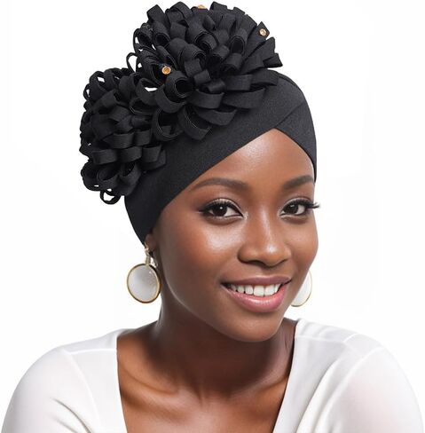 Yeilhile African Headwrap with Big Flower Pre-Tied Stretch Headwraps Party Prom Floral Knotted Turban Beanie Caps for Women Black in Kuwait
