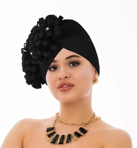 Yeilhile African Headwrap with Big Flower Pre-Tied Stretch Headwraps Party Prom Floral Knotted Turban Beanie Caps for Women Black in Kuwait