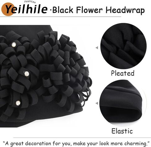 Yeilhile African Headwrap with Big Flower Pre-Tied Stretch Headwraps Party Prom Floral Knotted Turban Beanie Caps for Women Black in Kuwait