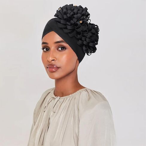 Yeilhile African Headwrap with Big Flower Pre-Tied Stretch Headwraps Party Prom Floral Knotted Turban Beanie Caps for Women Black in Kuwait